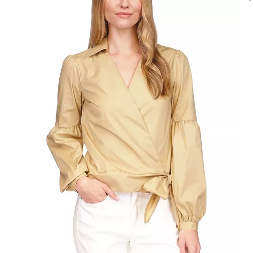 MICHAEL MICHAEL KORS Wrap Balloon-Sleeve Top Khaki Solid Collared Sz XS